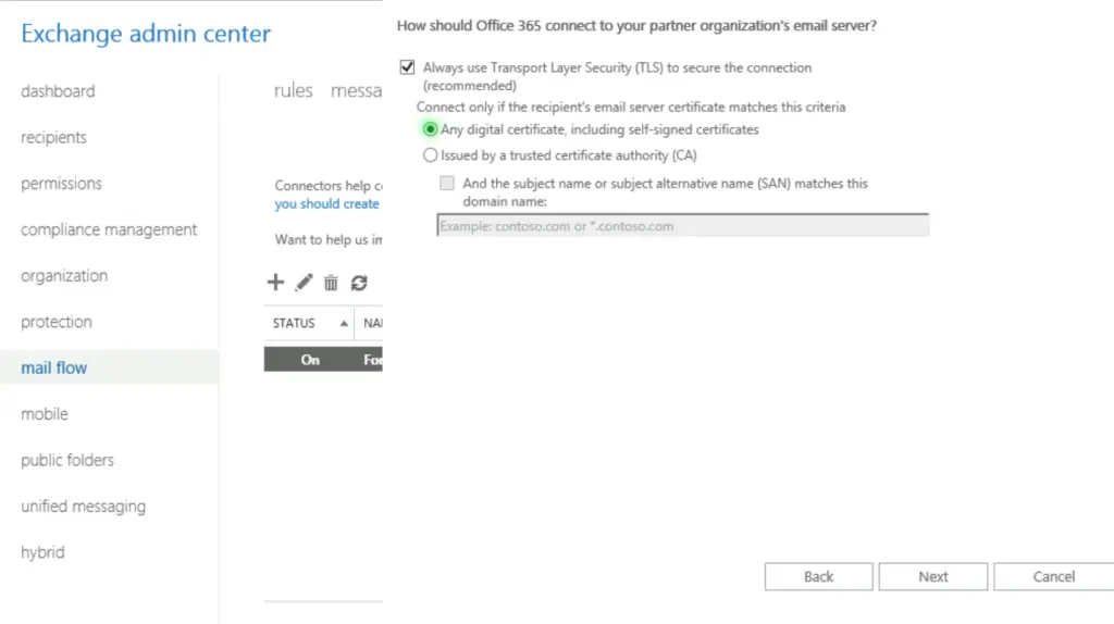 Configure enforced TLS with a partner in Office365