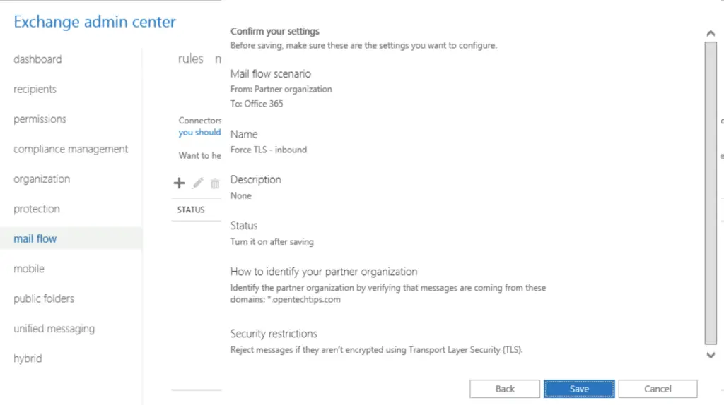 Configure enforced TLS with a partner in Office365