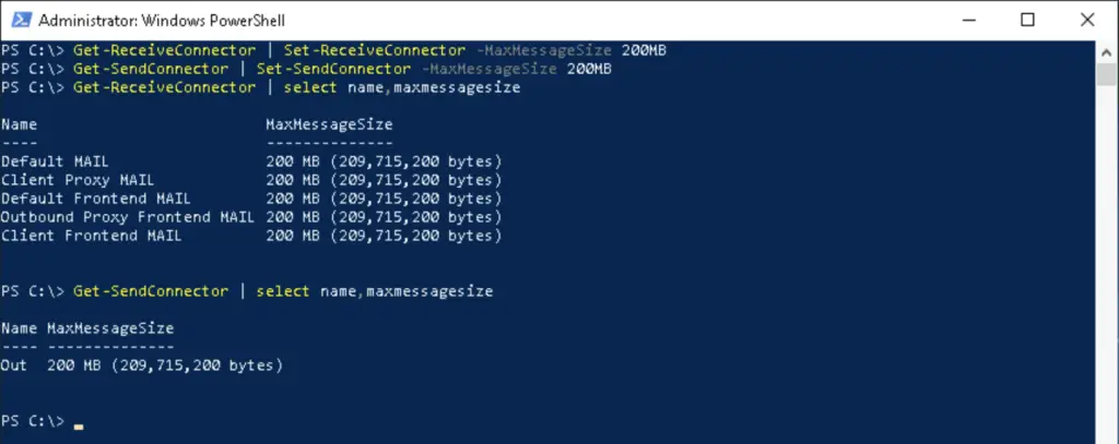 Max SEND/RECEIVE sizes in Exchange 2019