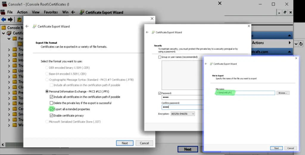 How to extract the private key, public key and CA cert from PFX