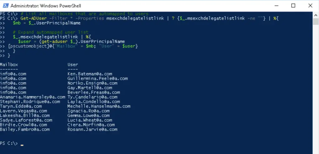 PowerShell: List Automapped Mailboxes for All Mailboxes in Exchange 2016