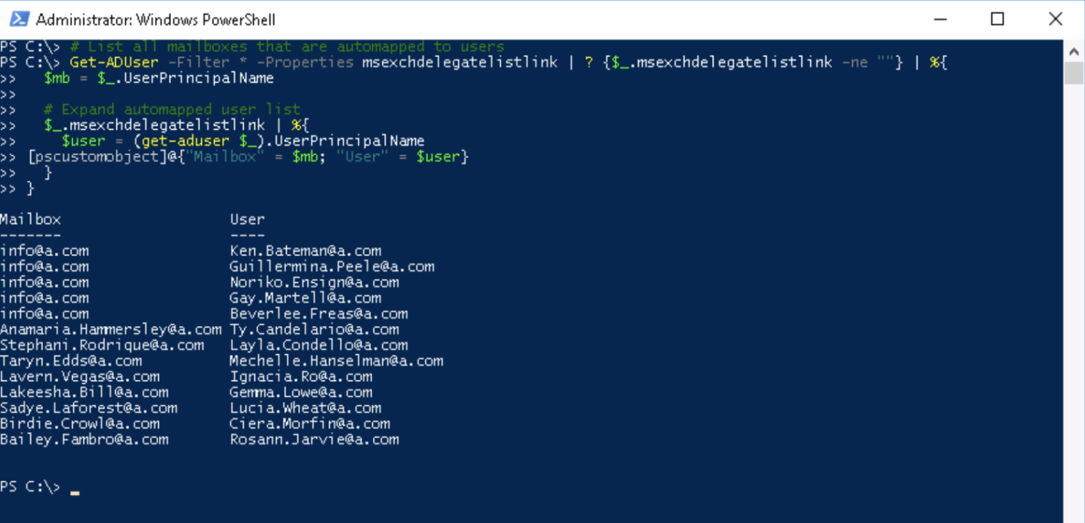 PowerShell List Automapped Mailboxes for All Mailboxes in Exchange